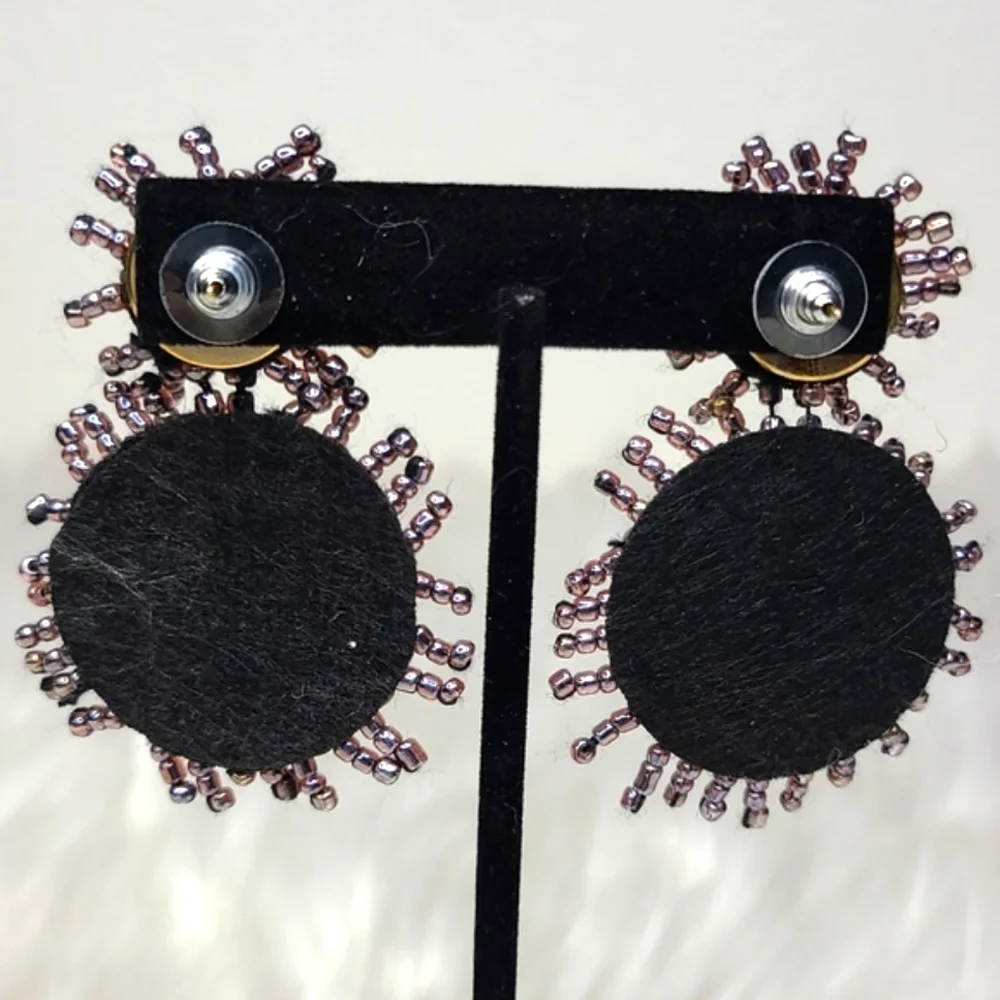 Statement Earrings Lightweight Starburst Gray Beaded Round Eclectic Unique Funky - Picture 3 of 4